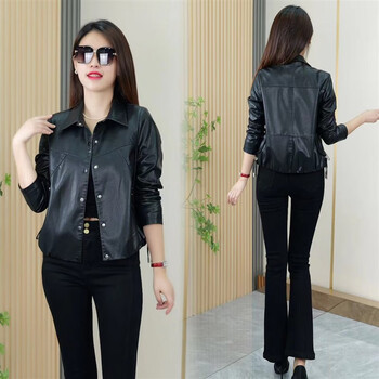 短款pu皮衣外套女早秋2023今年流行新款小个子上衣夹克欧货机车服黑色