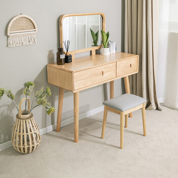 桌卧室小型化妆台小户型化妆柜收纳梳妆镜桌子100cm原木色桌子椅子