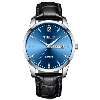 tielis6139铁利时男士石英手表简约休闲双历防水商务皮带腕表银壳蓝面