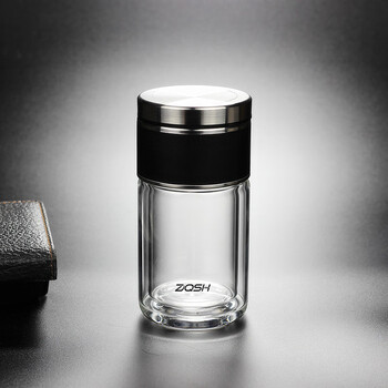 双层玻璃杯便携迷你泡茶水杯子居家办公茶杯车载加厚耐热黑色盖120ml