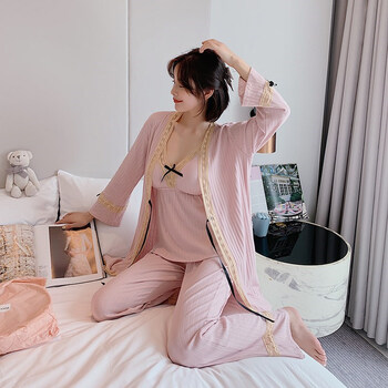 潮牌睡衣女秋冬季纯棉性感气质睡袍女成熟带胸垫优雅家居服三件套aa