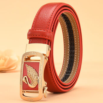 新年装女士腰带女款自动扣红色皮带牛皮裤带皮腰带白色细款网红同款哈