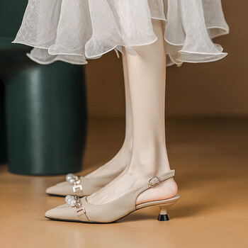 呋囡坊法式包头凉鞋女夏法式新款后空单鞋小众设计珍珠小跟不累脚高跟