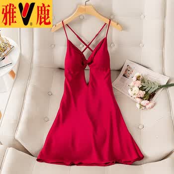 睡衣女春夏冰丝薄款露背性感带胸垫睡裙纯欲风诱惑纯色家居服酒红色
