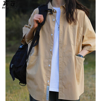 新款短袖口袋衬衫女学生休闲宽松显瘦衬衣学院风百搭上衣卡其色衬衫m
