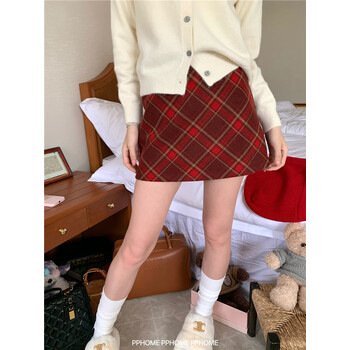 霜魄pphome格纹a字裙毛呢格子短裙秋冬厚实高腰毛呢半身短裙女红色格