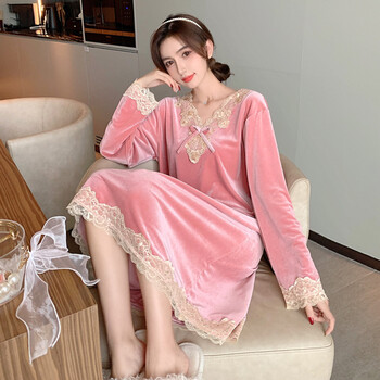 长袖睡裙女秋冬季过膝裙宫廷款性感金丝绒网红家居服932粉红色160m