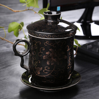 高档陶瓷个人泡茶杯带盖过滤碟办公室茶水分离水杯子礼品logo定制黑色