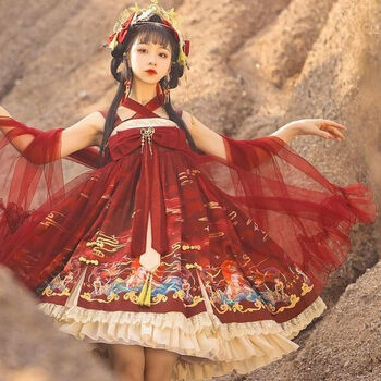 洛丽塔连衣裙正版原创jsk夏天全套太炎兽lolita中国风中华风 酒红色