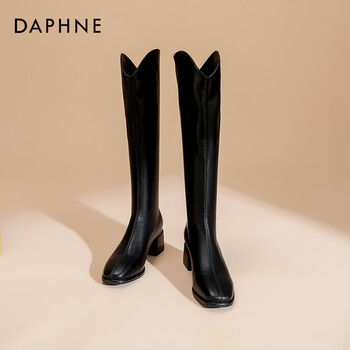 达芙妮daphne靴子女长筒靴女2021秋冬新品经典骑士靴女加绒女靴黑色加