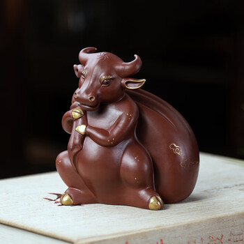 【官网旗舰】宜兴紫砂茶宠福袋牛摆件全手大红袍描金牛气冲天茶具配件