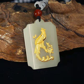 御大师保真金镶玉足金龙凤牌吊坠和田玉龙凤吉祥情侣项链刻字平安件