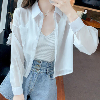 闪咖夏天穿的透明超薄长袖衬衫女装开衫外套女士夏季衬衣小个子短款