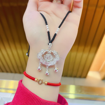 揽竹999银灵动平安锁项链足银糖心编织吊坠成人儿童刻字礼物送女友 褔