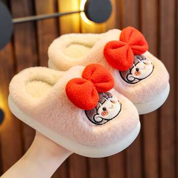 元宠儿童拖鞋冬季女童可爱卡通蝴蝶结公主鞋室内居家保暖小女孩棉粉红