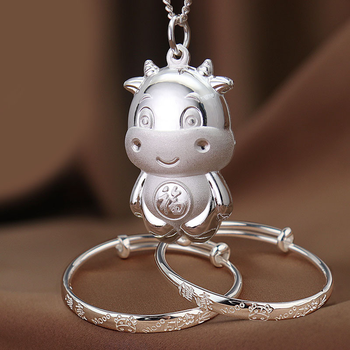 湘云中国银都银饰9999银卡通牛银锁包快乐baby牛宝宝银手镯婴儿满月礼