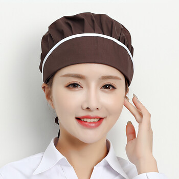 食品帽透气男女车间防尘包头网帽厨师帽子餐厅食堂烘培咖非色白条布帽