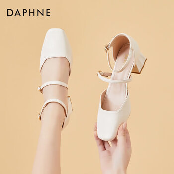 达芙妮daphne中凉鞋女夏季新款气质粗跟包头一字带玛丽珍单鞋女米色34