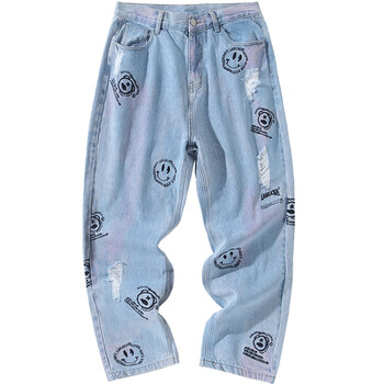 潮牌刺绣熊猫头像牛仔长裤bf风破洞蓝色直筒牛仔长裤男友风潮牌运动裤