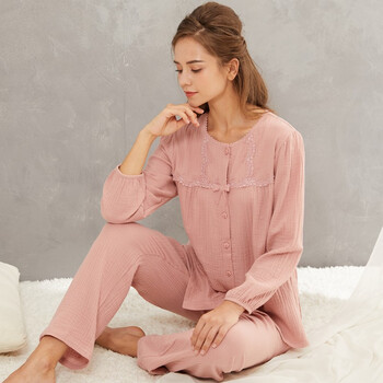 罗丝美纯棉睡衣女套装纯色长袖长裤家居服套装蕾丝花边褶皱布起居服