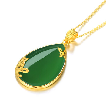 黄金和田玉吊坠金镶玉石镶嵌金项链妈妈款水滴碧玉坠蝴蝶足金首饰