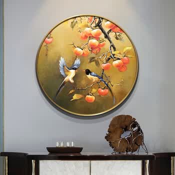 墨派手绘油画玄关装饰画圆形事事如意手工新中式花鸟工笔画客厅沙发