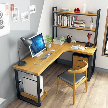 铁艺实木l型拐角台式电脑桌家用转角书桌书柜组合电竞桌设计师书桌带