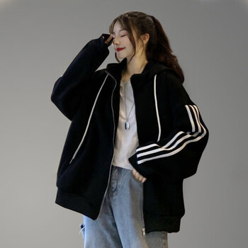 开衫外套女高领连帽卫衣宽松加绒加厚棒球服黑色加绒款m建议95110斤