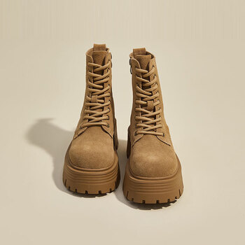 cozok粗跟马丁靴女2022年秋季新款英伦风圆头大黄靴网红百搭短靴 驼色