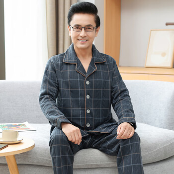 艿萍中老年睡衣男士秋冬款夹层加厚纯棉长袖爸爸家居服夹棉套装可外穿