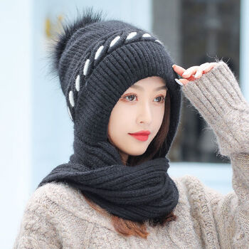新品假领子韩版毛线帽子女秋冬百搭连围巾一体帽潮毛球户外加厚保暖