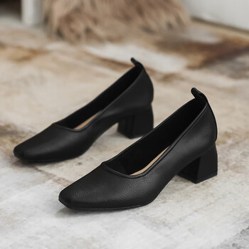 百丽美咖职业高跟鞋女2022春秋新款百搭黑色方头软皮工作粗跟四季单鞋