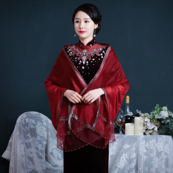 喜婆婆婚宴搭配旗袍的披肩红色洋气装真丝丝巾旗袍披肩长款两用围巾外