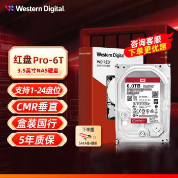西部数据（WD） 红盘 PRO2T4T6T8T10T12T14TB SATA3 网络储存服务器 NAS硬盘机械硬盘 6TB PRO(WD6003FFBX)