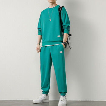 男士t恤休闲一套衣服春秋季潮流纯色宽松秋装体恤 7059绿色_(套装)