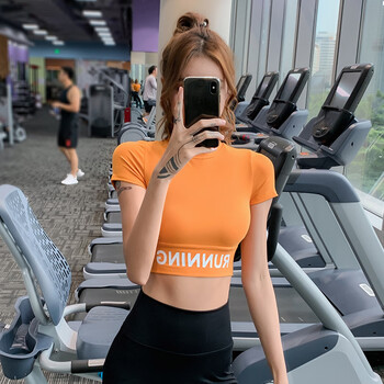 短款露脐健身上衣女性感网红瑜伽服紧身速干衣跑步短袖运动上衣橘色s
