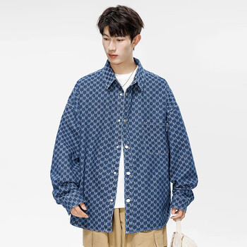 spikelee1987男士牛仔衬衫纯棉千鸟格纹宽松口袋外套深蓝色3xl