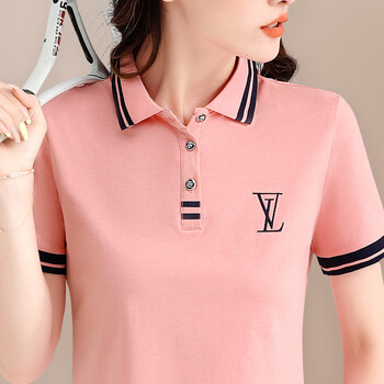 polo衫女夏运动休闲短袖t恤2022年潮牌减龄显瘦纯棉翻领上衣粉色m适合