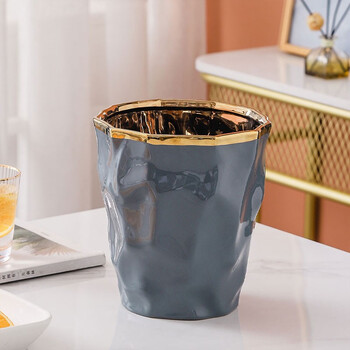 桌面无盖杂物垃圾桶房间化妆台收纳桶办公室轻奢陶瓷纸篓灰色垃圾桶