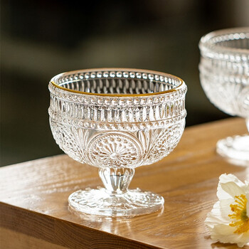 美杜复古金边浮雕玻璃高脚杯冰淇淋杯耐热隔热防烫玻璃杯子茶杯饮料杯