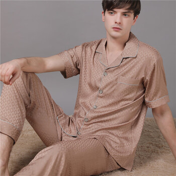 桑蚕丝男士高档真丝绸缎睡衣夏季男短袖长裤大码薄款爸爸丝绸家居服