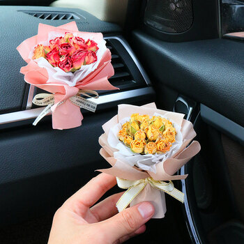 车载香薰干花花束手工装饰汽车空调出风口香水夹车内饰品摆件 黄玫瑰