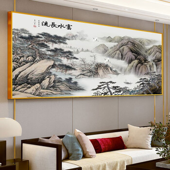 山水装饰画客厅沙发背景墙风景办公室挂画新中式装饰晶瓷画 富水长流