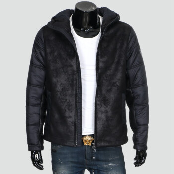 阿玛尼（ARMANI）男士连帽夹克加绒加厚外套拼接皮衣夹棉保暖秋冬季新款 黑色 XL