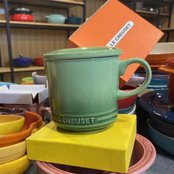 酷彩陶瓷水杯lecreuset杯子带盖马克杯带盖杯子300毫升陶瓷家用迷迭绿