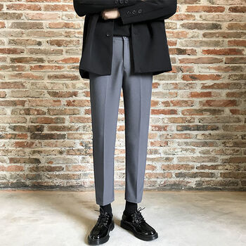 秋冬九分小西裤加绒裤子男士宽松百搭潮流黑色直筒西装裤加厚长裤sn