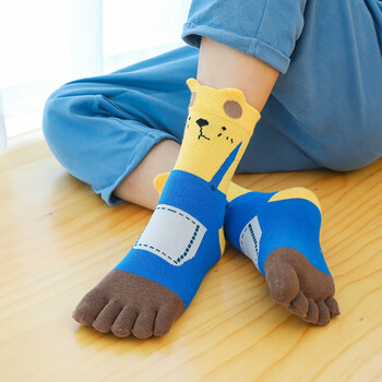 婉曼朵儿童五指袜男女童卡通纯棉运动宝宝长袜学生中筒袜长脚分趾袜熊