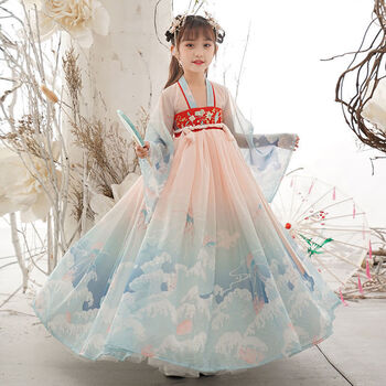 流彗 古筝演出服汉服女童10岁儿童古装汉服女小学生小孩子唐装中国风