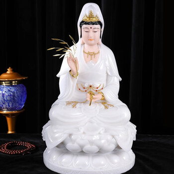 汉白玉彩绘观世音菩萨佛像供奉摆件观音佛像娑婆三圣 30厘米白玉 底径