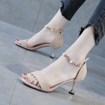 夏天穿的淑女士高跟凉鞋时尚工作鞋细根女名媛露趾优雅链子一字带米色